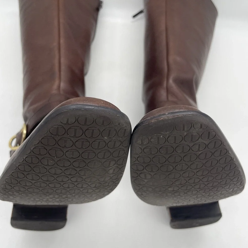 Talbots Womens 7AA Riding Boots Tall Brown Pebbled Leather Gold Buckle‎ Full Zip - Picture 15 of 16
